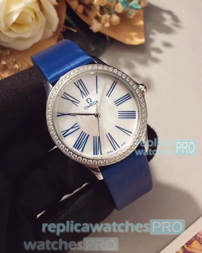 Omega Replica De Ville Tresor Ladies Watch White MOP Dial Diamond Bezel 